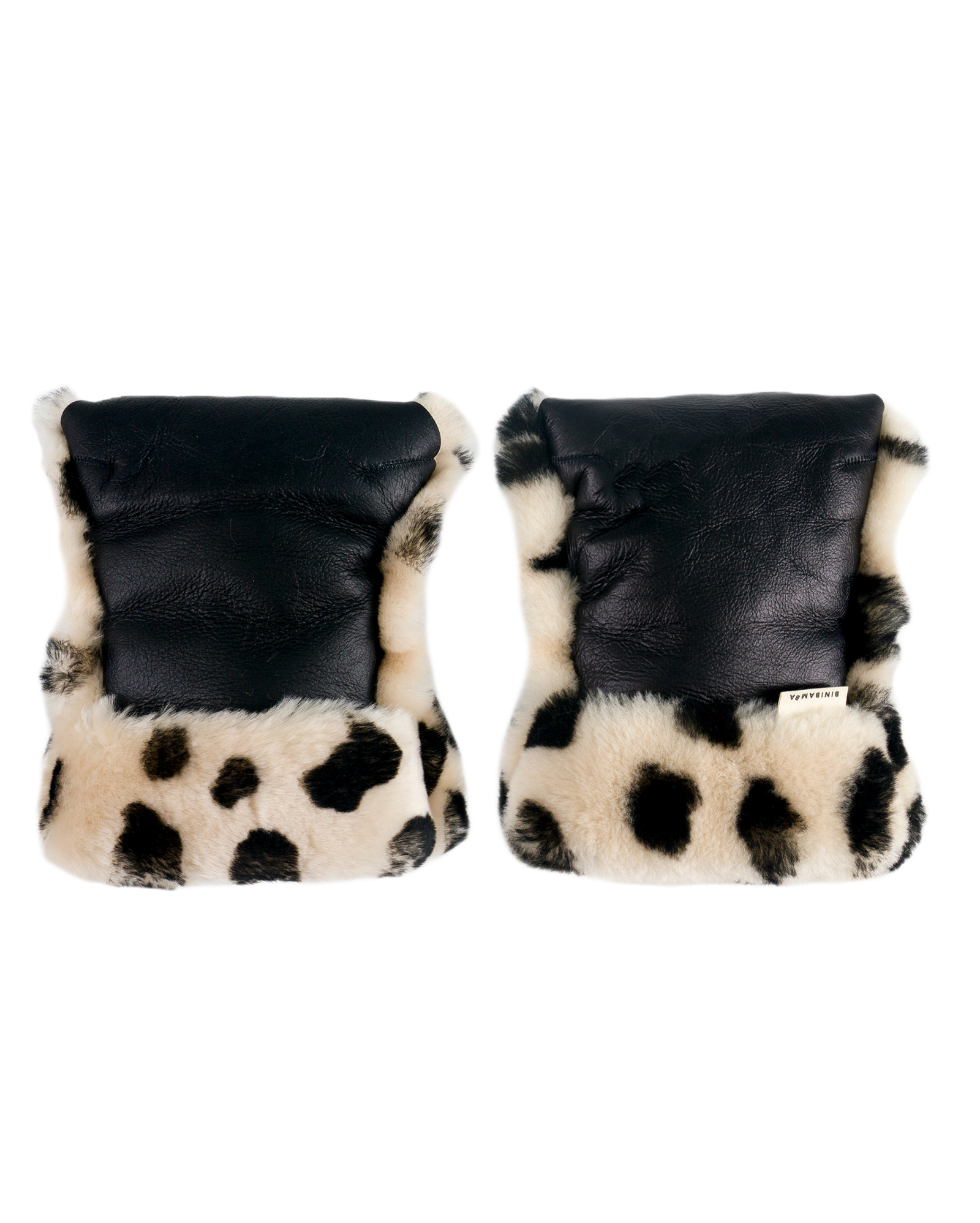 gallery image BINIBAMBA COATED SHEEPSKIN BUGGY MITTENS – NOIR + LEOPARD